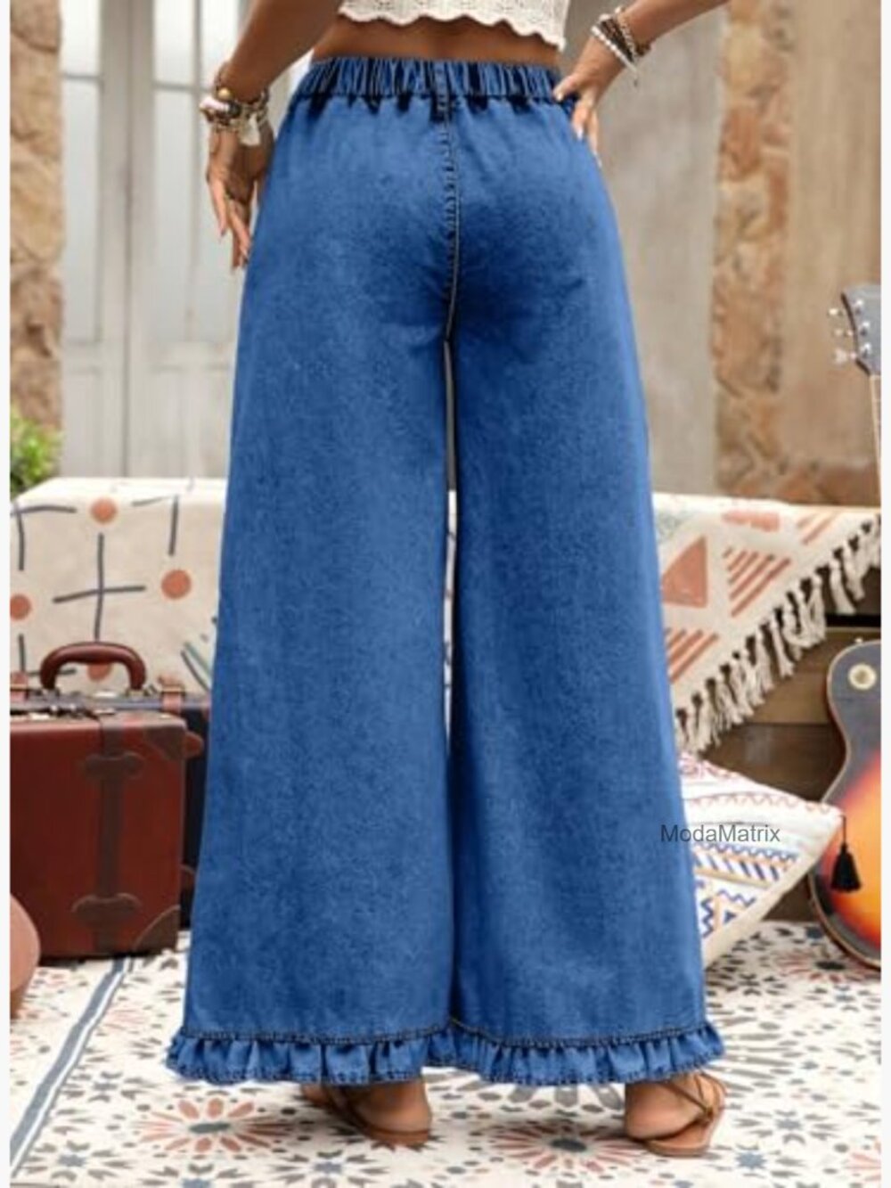 High Waisted Wide Leg Jeans with Ruffle Hem Stretch Denim Pants - Picture 4 of 6